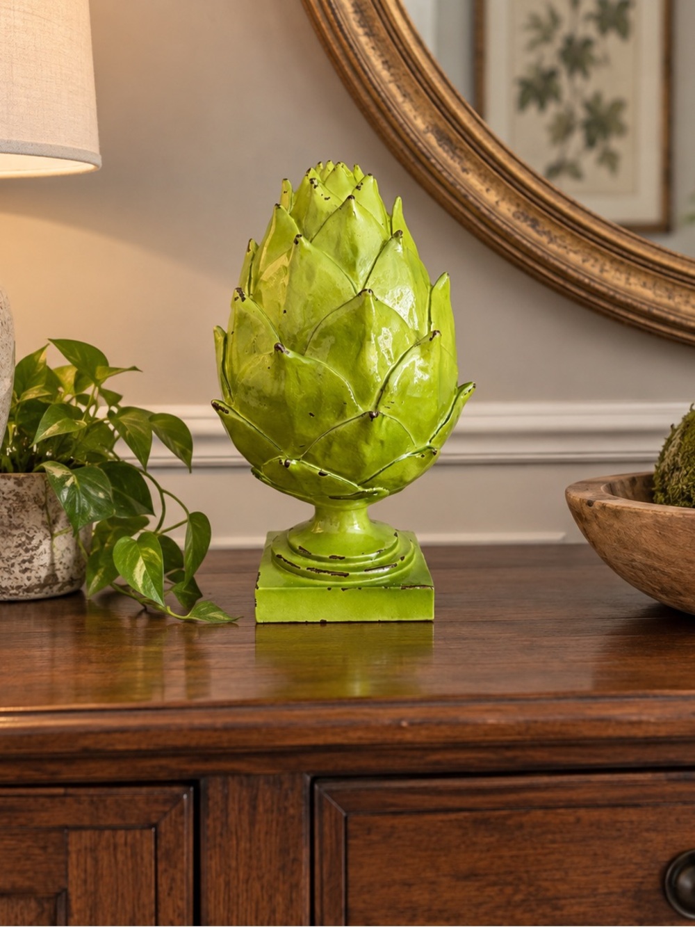 Green Artichoke Finial Sculpture 10” Distressed Resin Decor